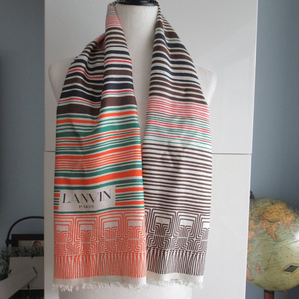 VTG LANVIN PARIS Rectangular 100% Silk Scarf 15x50 inches, Cream and Multicolor